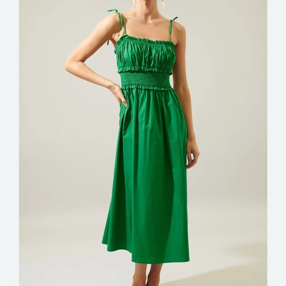 Sugarlips Smocked Strap Poplin Midi Dress Green Size Medium - Picture 1 of 11